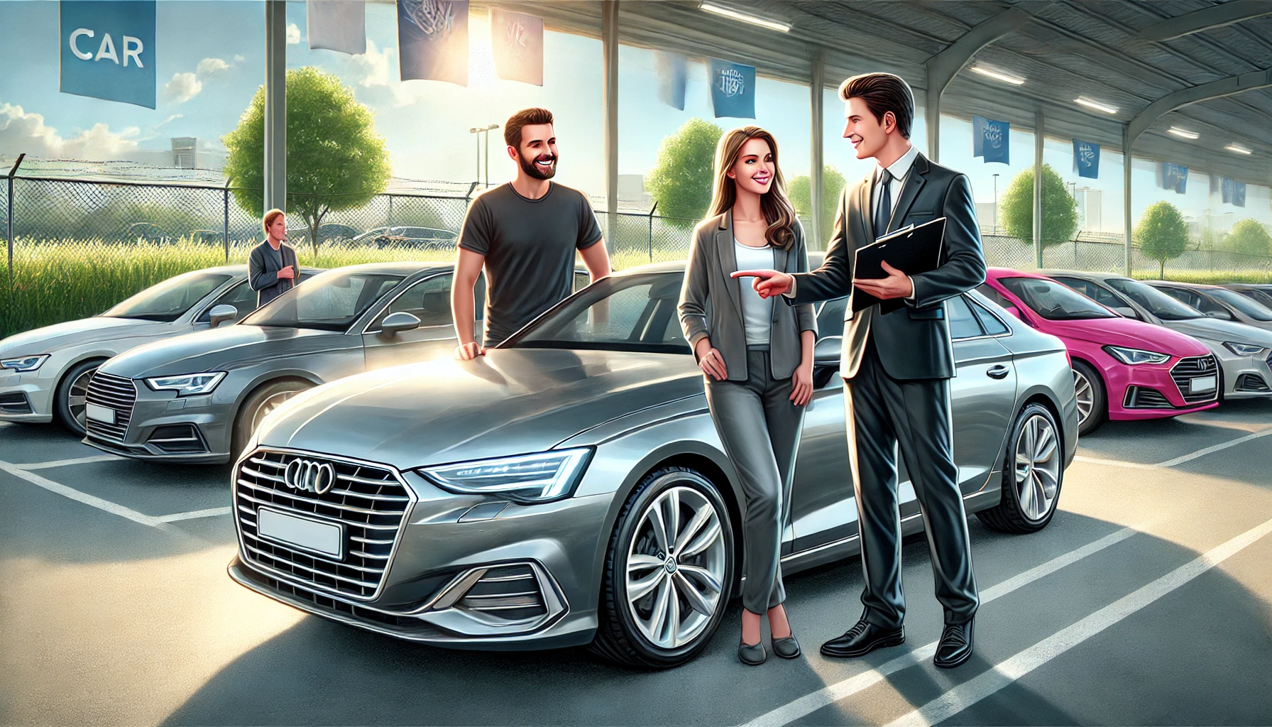 DALL·E 2025-01-14 12.39.40 - A realistic digital illustration of a car purchase scenario, featuring a smiling couple inspecting a sleek used car in an outdoor car lot. The couple
